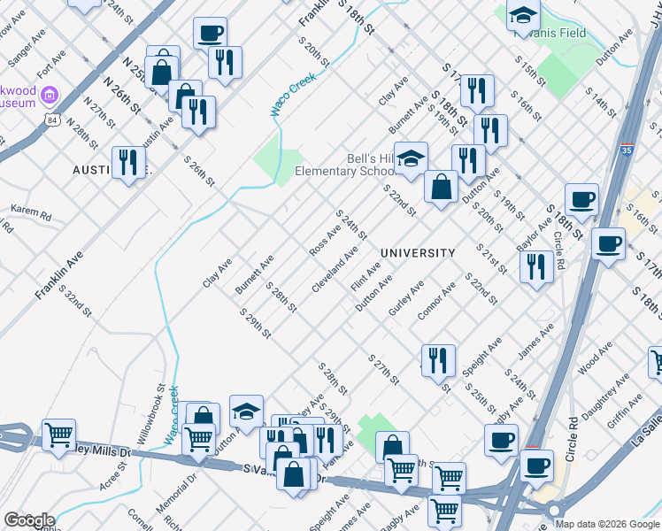 map of restaurants, bars, coffee shops, grocery stores, and more near 2521 Cleveland Avenue in Waco