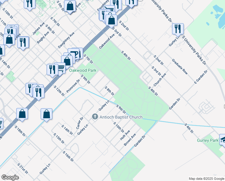 map of restaurants, bars, coffee shops, grocery stores, and more near 2621 South 7th Street in Waco