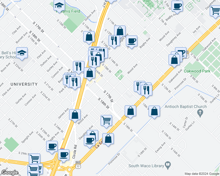 map of restaurants, bars, coffee shops, grocery stores, and more near 1606 Bagby Avenue in Waco