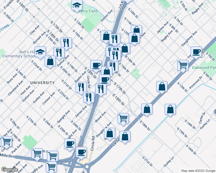 map of restaurants, bars, coffee shops, grocery stores, and more near 1620 South 18th Street in Waco