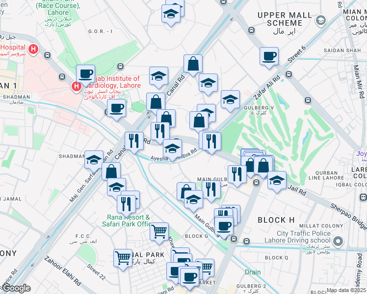 map of restaurants, bars, coffee shops, grocery stores, and more near Jail Road in Lahore