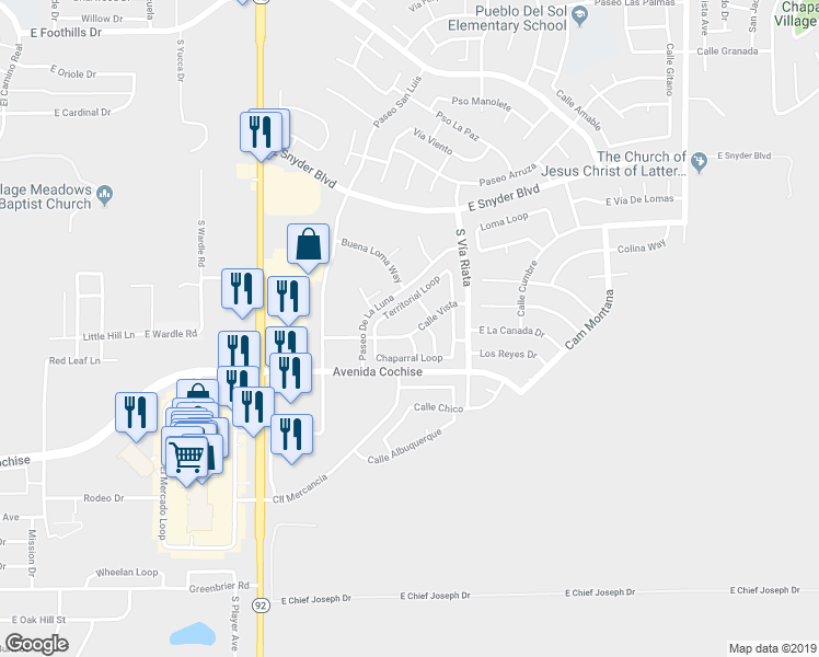 map of restaurants, bars, coffee shops, grocery stores, and more near 4551 Calle Vista in Sierra Vista