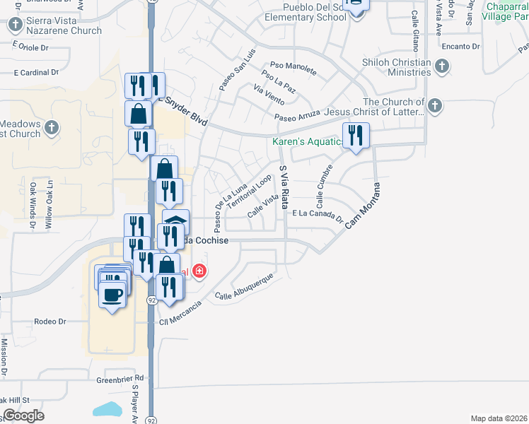 map of restaurants, bars, coffee shops, grocery stores, and more near 4886 Chaparral Loop in Sierra Vista