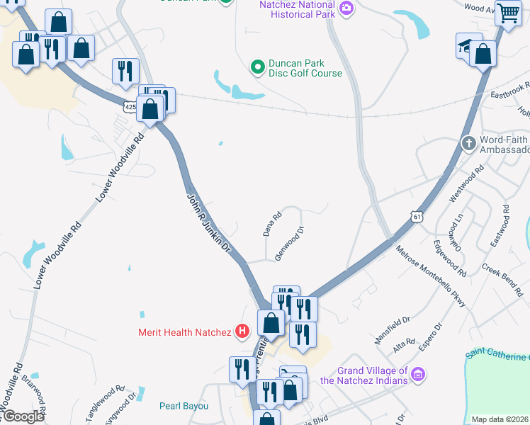 map of restaurants, bars, coffee shops, grocery stores, and more near 110 Dana Road in Natchez