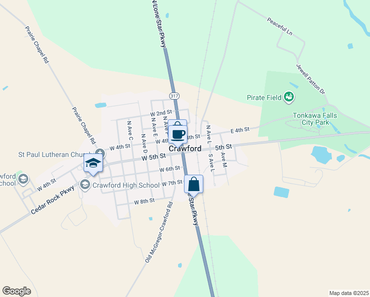 map of restaurants, bars, coffee shops, grocery stores, and more near in Crawford