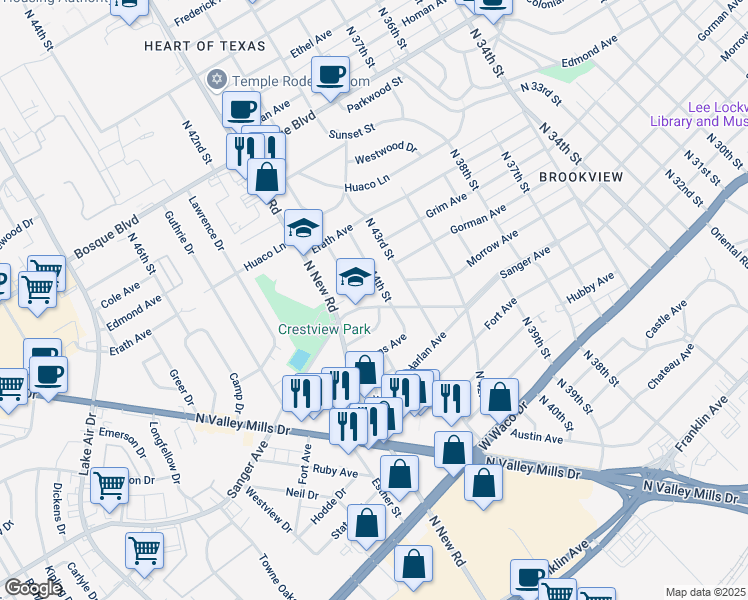 map of restaurants, bars, coffee shops, grocery stores, and more near 4501 Sanger Avenue in Waco