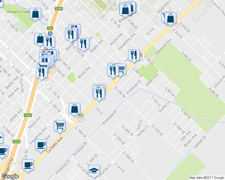 map of restaurants, bars, coffee shops, grocery stores, and more near 1206 La Salle Avenue in Waco
