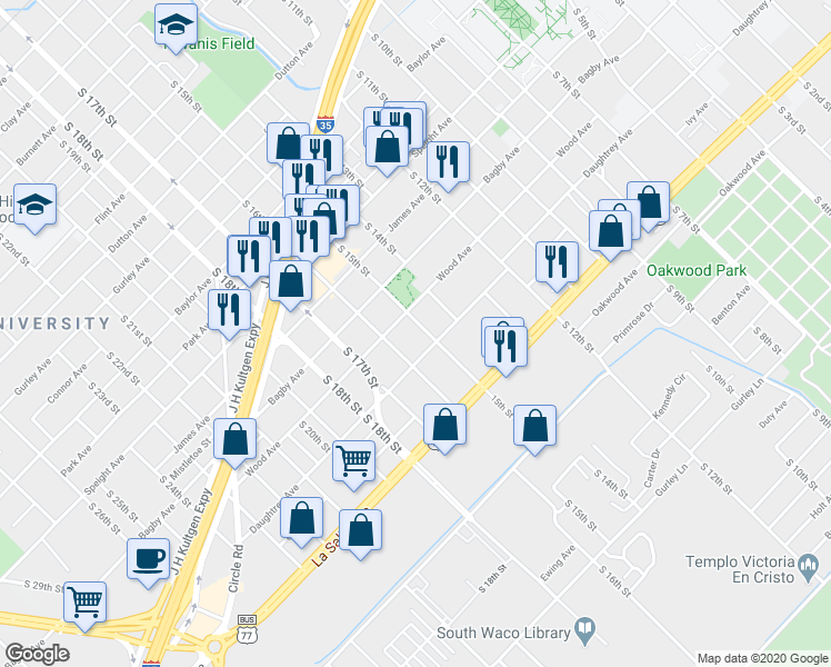 map of restaurants, bars, coffee shops, grocery stores, and more near 1915 South 15th Street in Waco