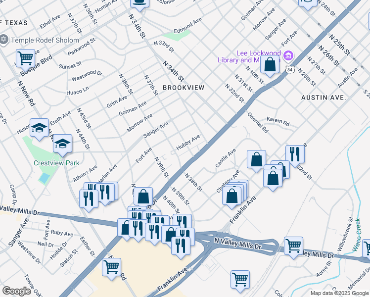 map of restaurants, bars, coffee shops, grocery stores, and more near 3700 Hubby Avenue in Waco