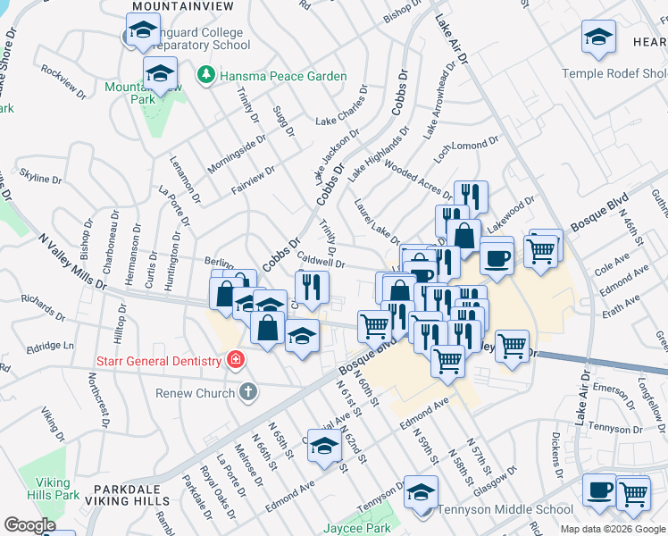 map of restaurants, bars, coffee shops, grocery stores, and more near 5730 Caldwell Street in Waco