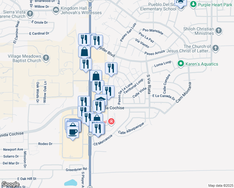 map of restaurants, bars, coffee shops, grocery stores, and more near 4437 Territorial Loop in Sierra Vista