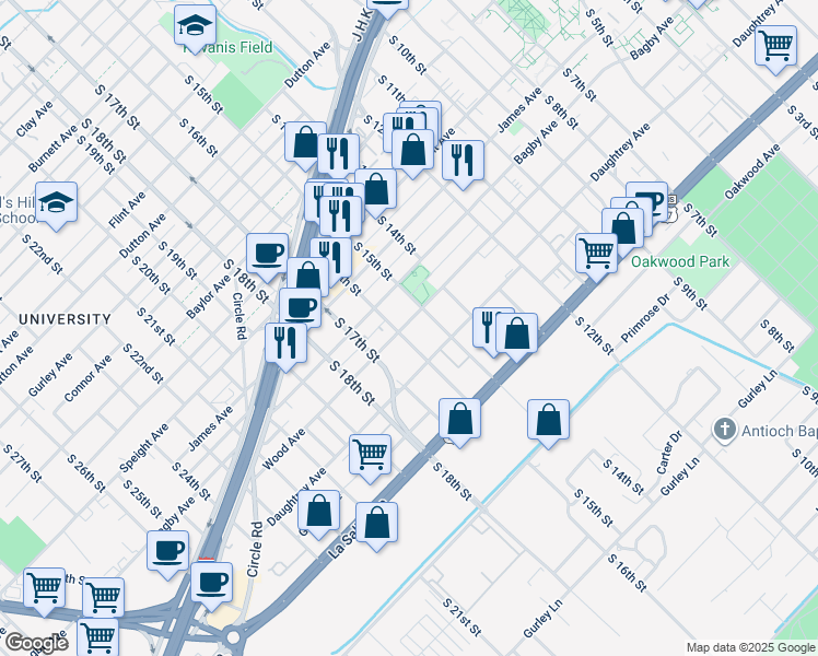 map of restaurants, bars, coffee shops, grocery stores, and more near 1904 South 16th Street in Waco