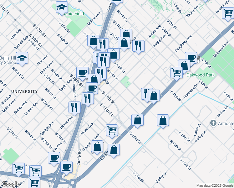 map of restaurants, bars, coffee shops, grocery stores, and more near 1606 Bagby Avenue in Waco