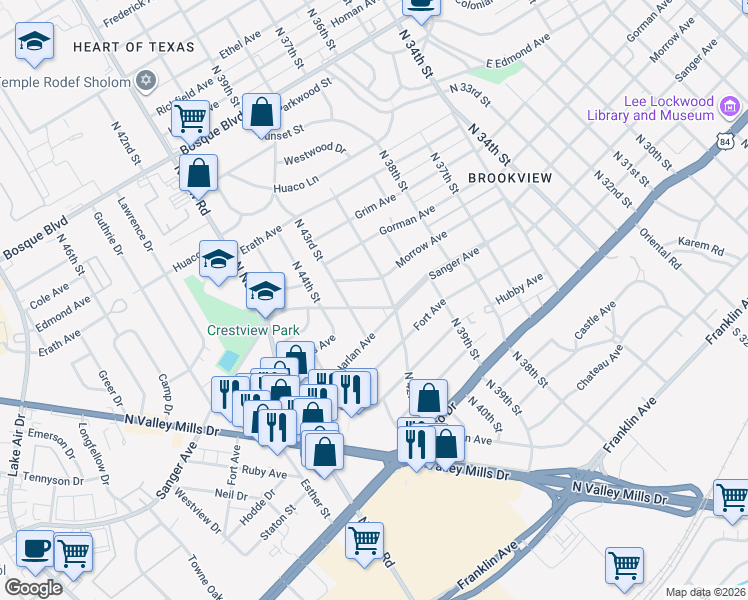 map of restaurants, bars, coffee shops, grocery stores, and more near 4209 Sanger Avenue in Waco
