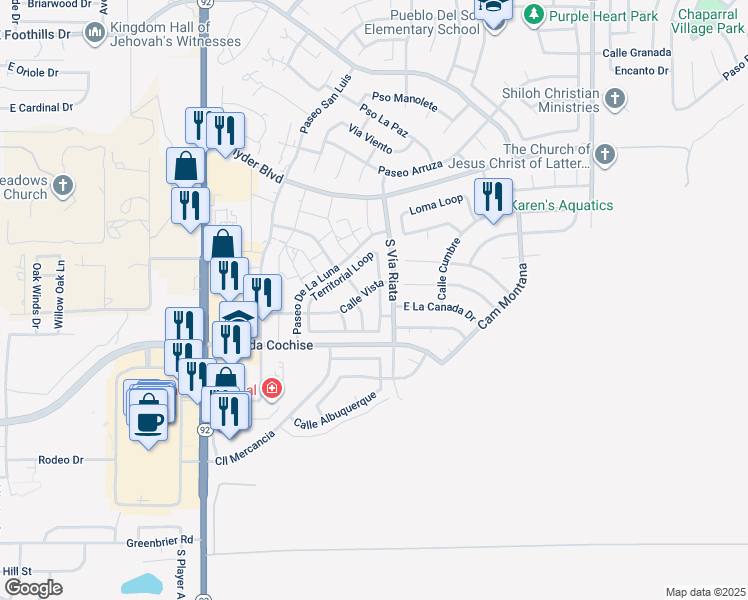 map of restaurants, bars, coffee shops, grocery stores, and more near 4886 Chaparral Loop in Sierra Vista