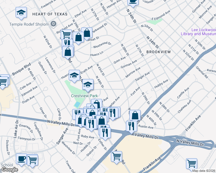 map of restaurants, bars, coffee shops, grocery stores, and more near 804 North 43rd Street in Waco