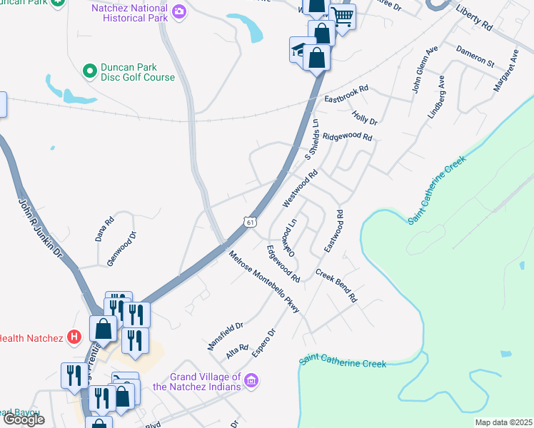 map of restaurants, bars, coffee shops, grocery stores, and more near 17 Shadow Lane in Natchez