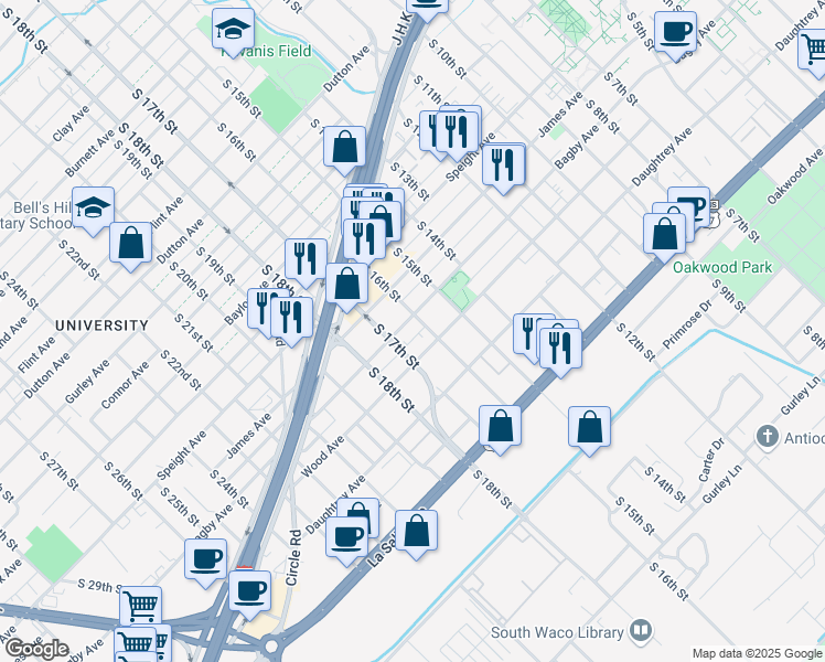 map of restaurants, bars, coffee shops, grocery stores, and more near 1606 Bagby Avenue in Waco