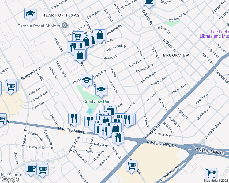 map of restaurants, bars, coffee shops, grocery stores, and more near 4501 Sanger Avenue in Waco