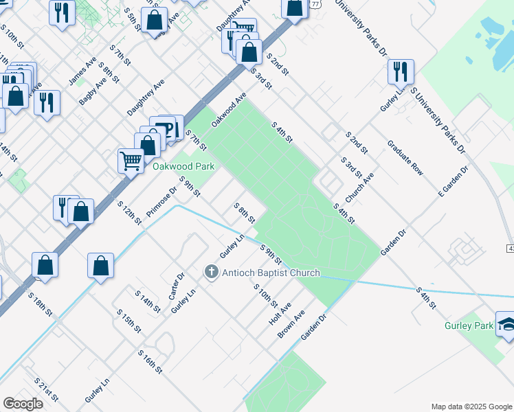 map of restaurants, bars, coffee shops, grocery stores, and more near 2621 South 7th Street in Waco
