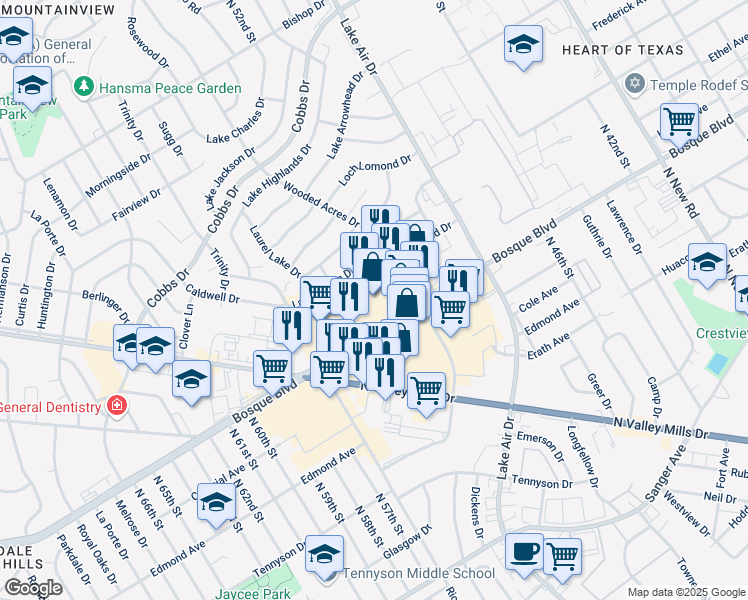 map of restaurants, bars, coffee shops, grocery stores, and more near 5201 Bosque Boulevard in Waco