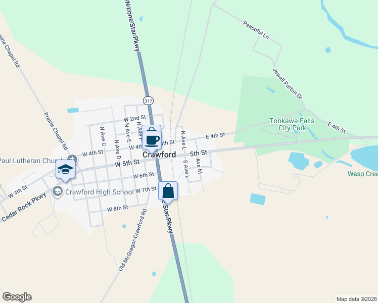 map of restaurants, bars, coffee shops, grocery stores, and more near 9088 5th Street in Crawford