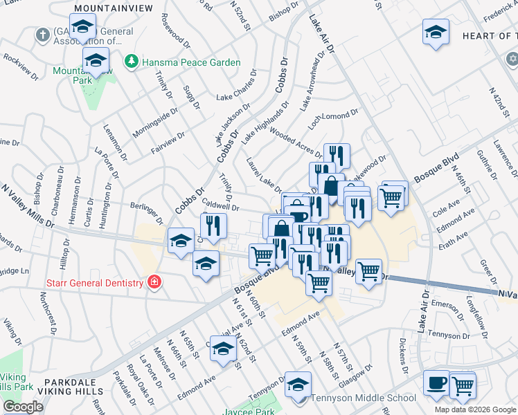 map of restaurants, bars, coffee shops, grocery stores, and more near 5613 Caldwell Drive in Waco