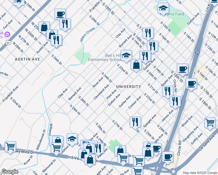 map of restaurants, bars, coffee shops, grocery stores, and more near 2416 Cleveland Ave in Waco