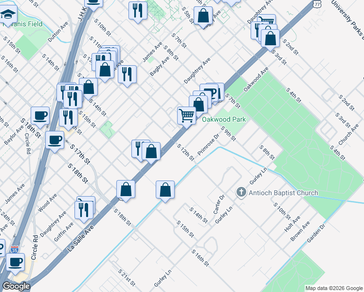 map of restaurants, bars, coffee shops, grocery stores, and more near 2224 South 12th Street in Waco