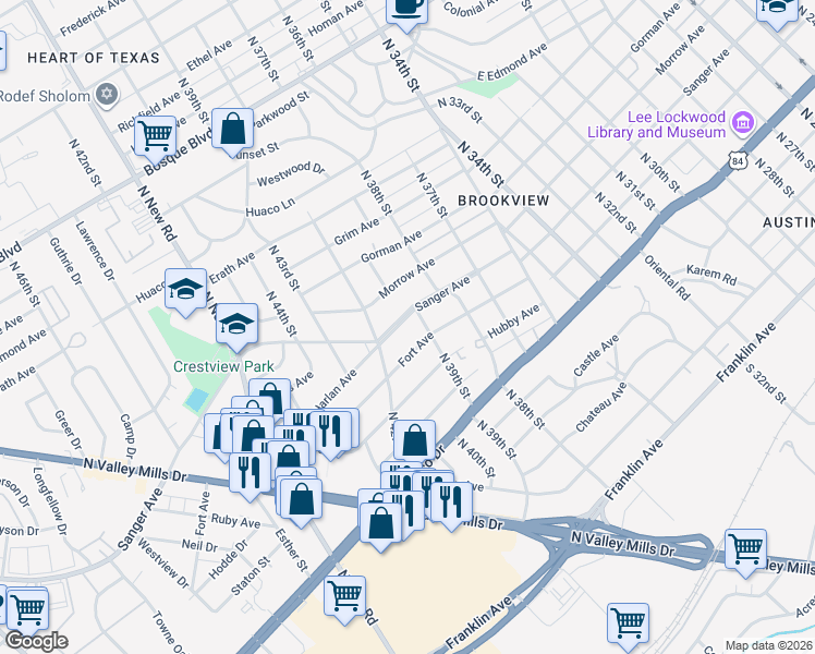 map of restaurants, bars, coffee shops, grocery stores, and more near 4012 Sanger Avenue in Waco