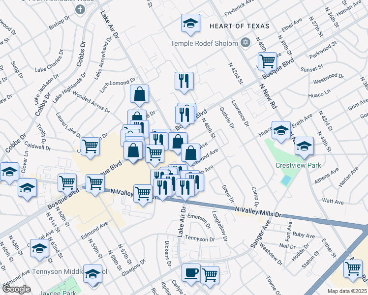 map of restaurants, bars, coffee shops, grocery stores, and more near 4716 Colonial Avenue in Waco