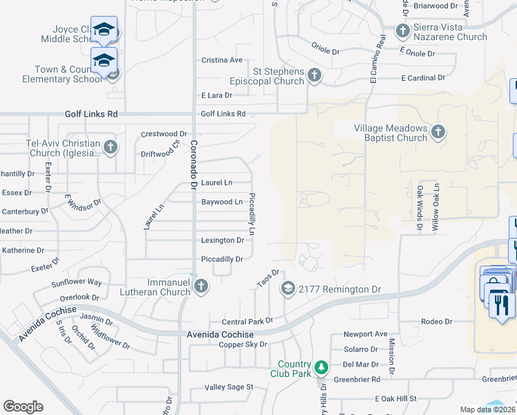 map of restaurants, bars, coffee shops, grocery stores, and more near 1832 Piccadilly Lane in Sierra Vista