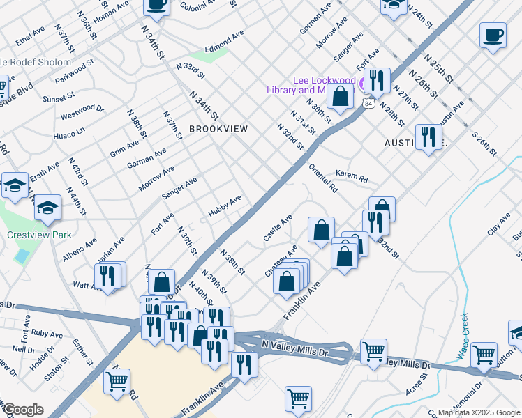 map of restaurants, bars, coffee shops, grocery stores, and more near 3638 West Waco Drive in Waco