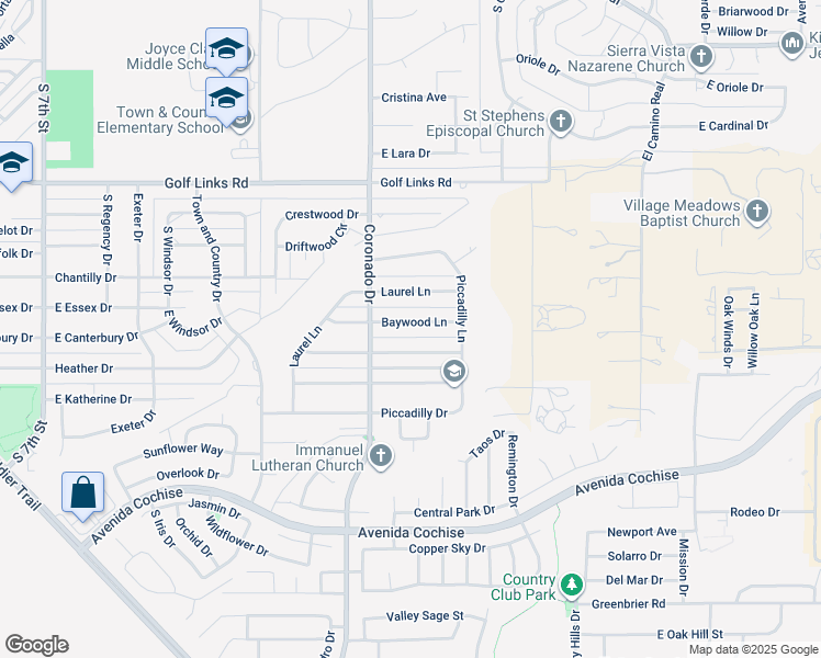 map of restaurants, bars, coffee shops, grocery stores, and more near 2100 Baywood Lane in Sierra Vista
