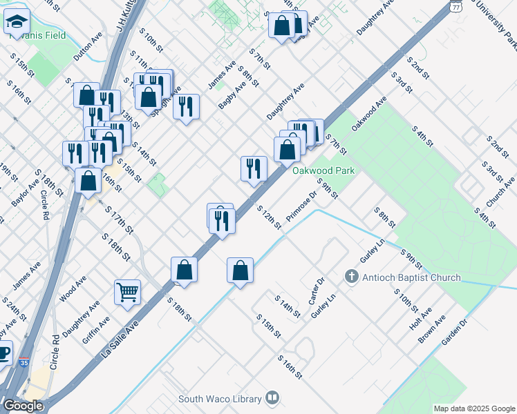 map of restaurants, bars, coffee shops, grocery stores, and more near 1206 La Salle Avenue in Waco