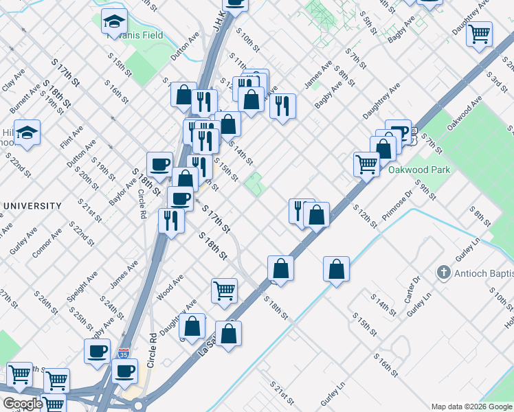 map of restaurants, bars, coffee shops, grocery stores, and more near 1904 South 16th Street in Waco