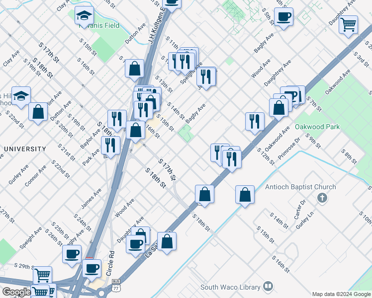 map of restaurants, bars, coffee shops, grocery stores, and more near 1904 South 16th Street in Waco