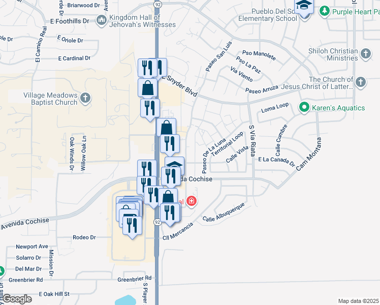 map of restaurants, bars, coffee shops, grocery stores, and more near 4255 Calle Vista in Sierra Vista