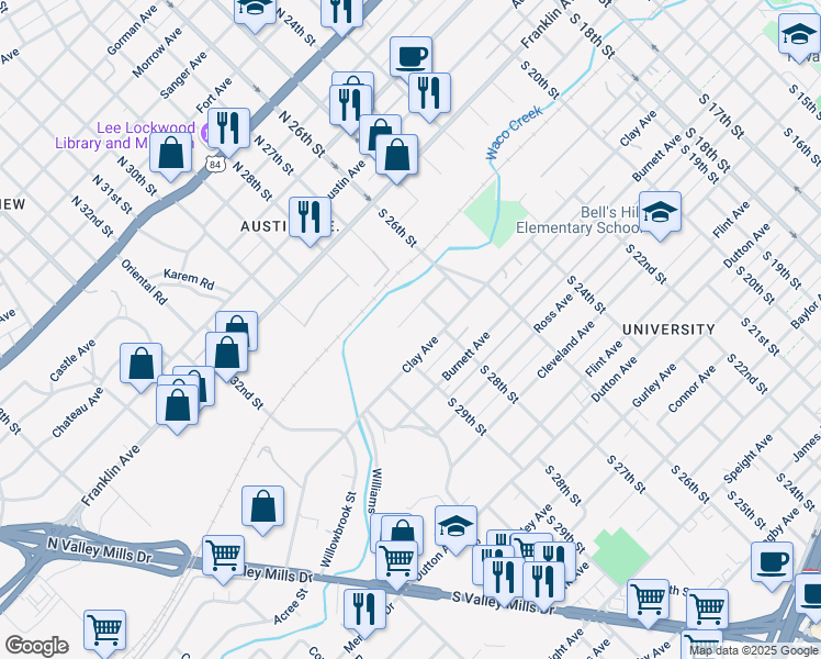 map of restaurants, bars, coffee shops, grocery stores, and more near 2724 Webster Avenue in Waco