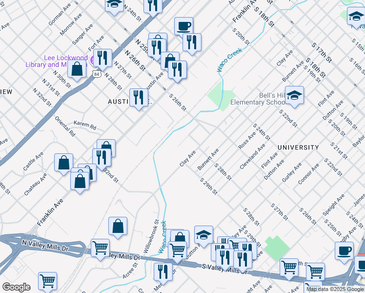map of restaurants, bars, coffee shops, grocery stores, and more near 2724 Webster Avenue in Waco