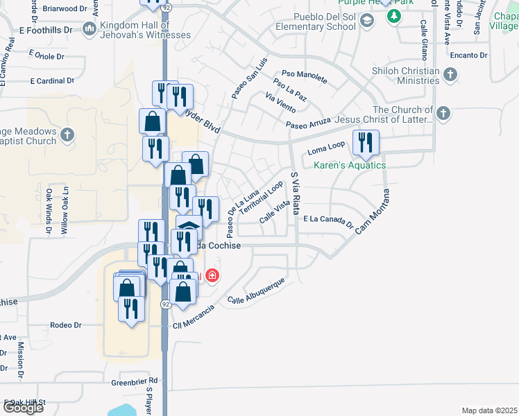 map of restaurants, bars, coffee shops, grocery stores, and more near 4570 Territorial Loop in Sierra Vista