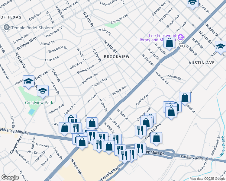 map of restaurants, bars, coffee shops, grocery stores, and more near 3700 Hubby Avenue in Waco