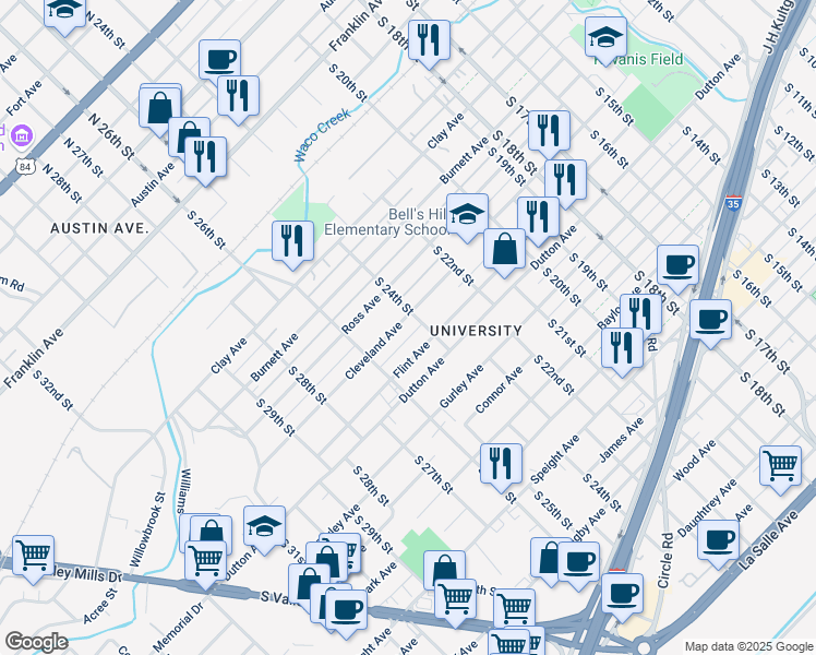 map of restaurants, bars, coffee shops, grocery stores, and more near 2416 Cleveland Avenue in Waco