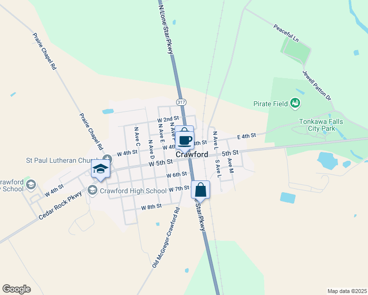 map of restaurants, bars, coffee shops, grocery stores, and more near 6735 North Lone Star Parkway in Crawford