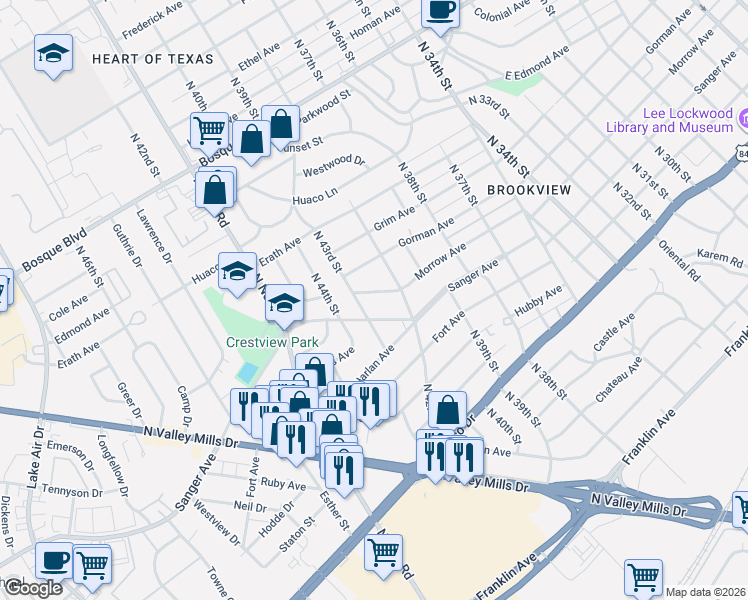 map of restaurants, bars, coffee shops, grocery stores, and more near 4209 Sanger Avenue in Waco