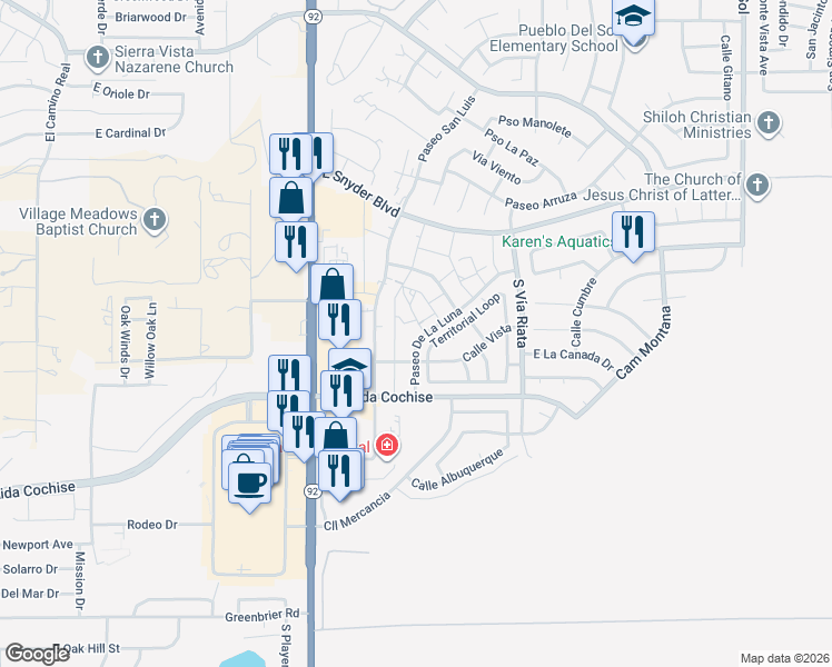 map of restaurants, bars, coffee shops, grocery stores, and more near 4437 Territorial Loop in Sierra Vista