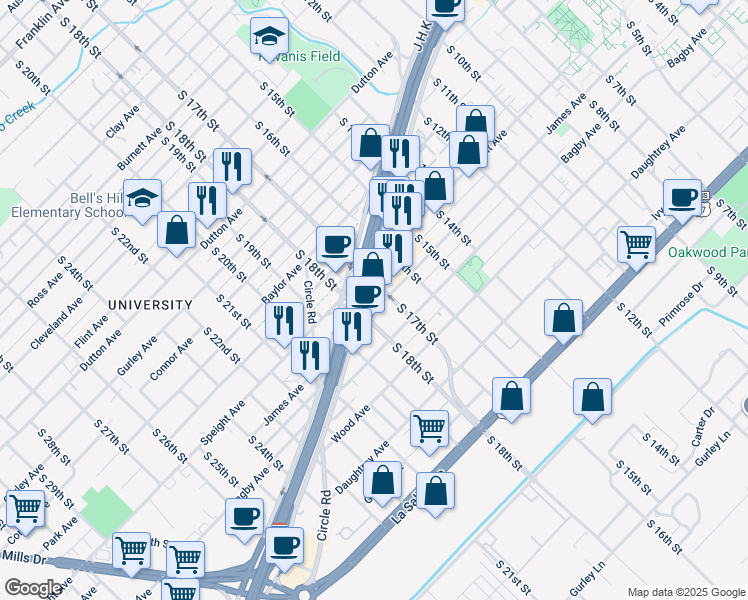 map of restaurants, bars, coffee shops, grocery stores, and more near 1620 South 18th Street in Waco