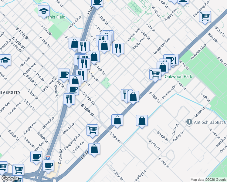 map of restaurants, bars, coffee shops, grocery stores, and more near 1916 South 15th Street in Waco