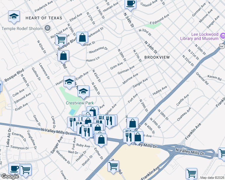 map of restaurants, bars, coffee shops, grocery stores, and more near 4209 Sanger Avenue in Waco