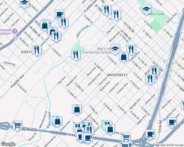 map of restaurants, bars, coffee shops, grocery stores, and more near 2521 Cleveland Avenue in Waco